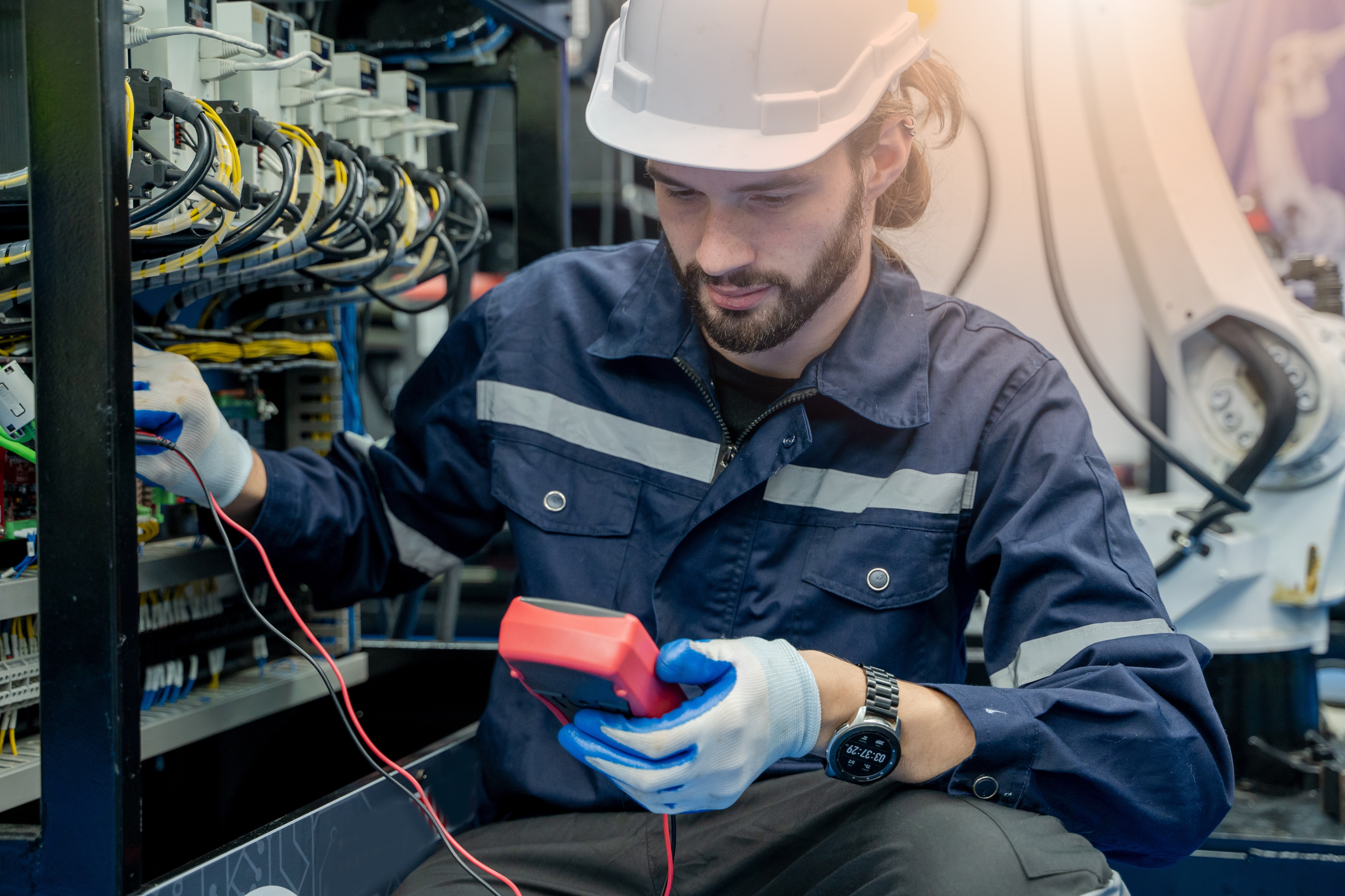 Technical,Engineer,Using,Measuring,Equipment,To,Checking,Electrical,Current,Voltage